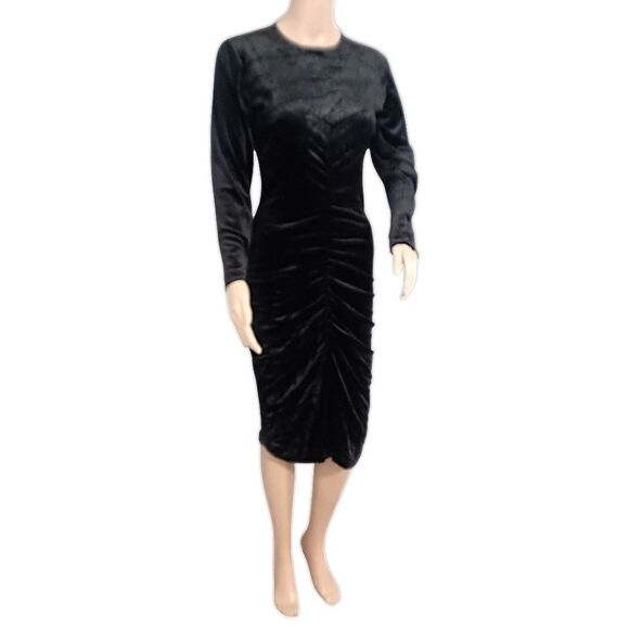 Witchy Ruched Velvet Midi Dress S Black Textured Long Sleeve Goth Sexy Romantic - Picture 5 of 16